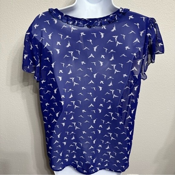 Lily Rose Size XL Sheer Royal Blue Blouse With White Bird Print - Picture 4 of 11